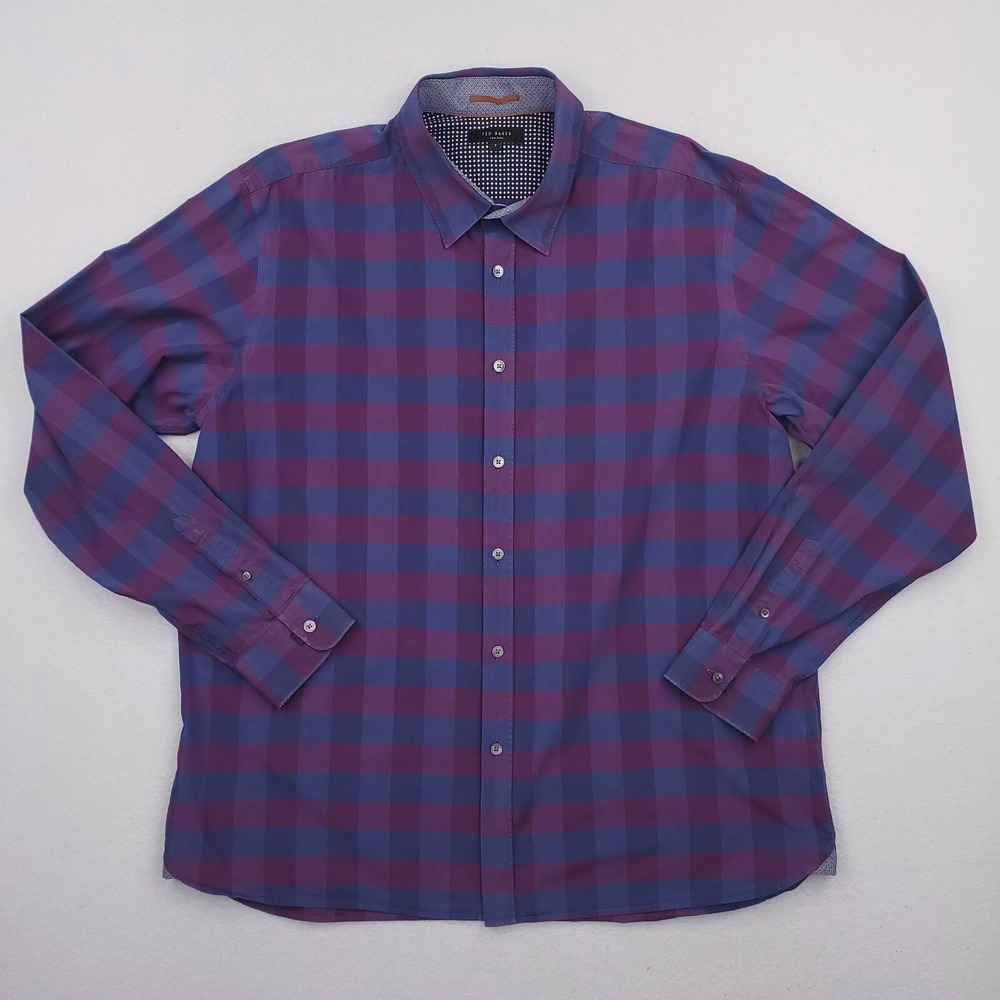 Tedโ Baker Shirt Mens 3XL Blue Purple Buffalo Check Plaid Slim Fit Flip Cuff